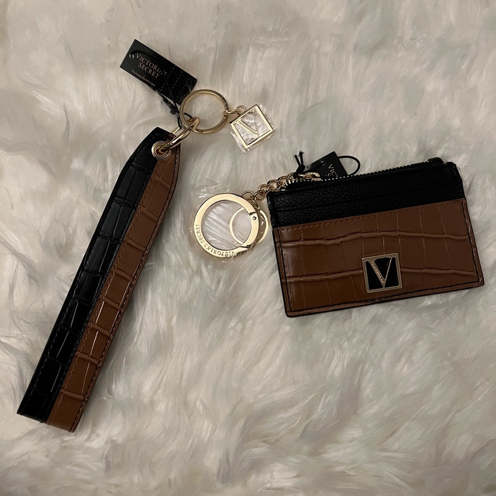 NEW! victoria’s secret wristlet strap and card case holder wallet keychain  set